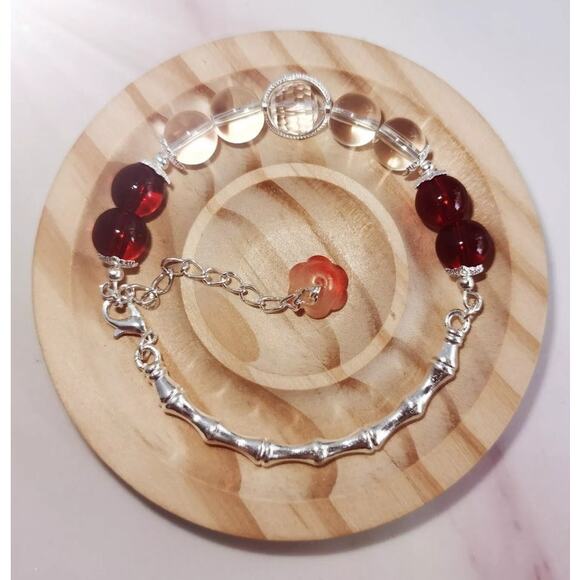 Burgundy Clear Wire Bracelet w beaded Flower Dangle Charm #65 - Picture 2 of 4